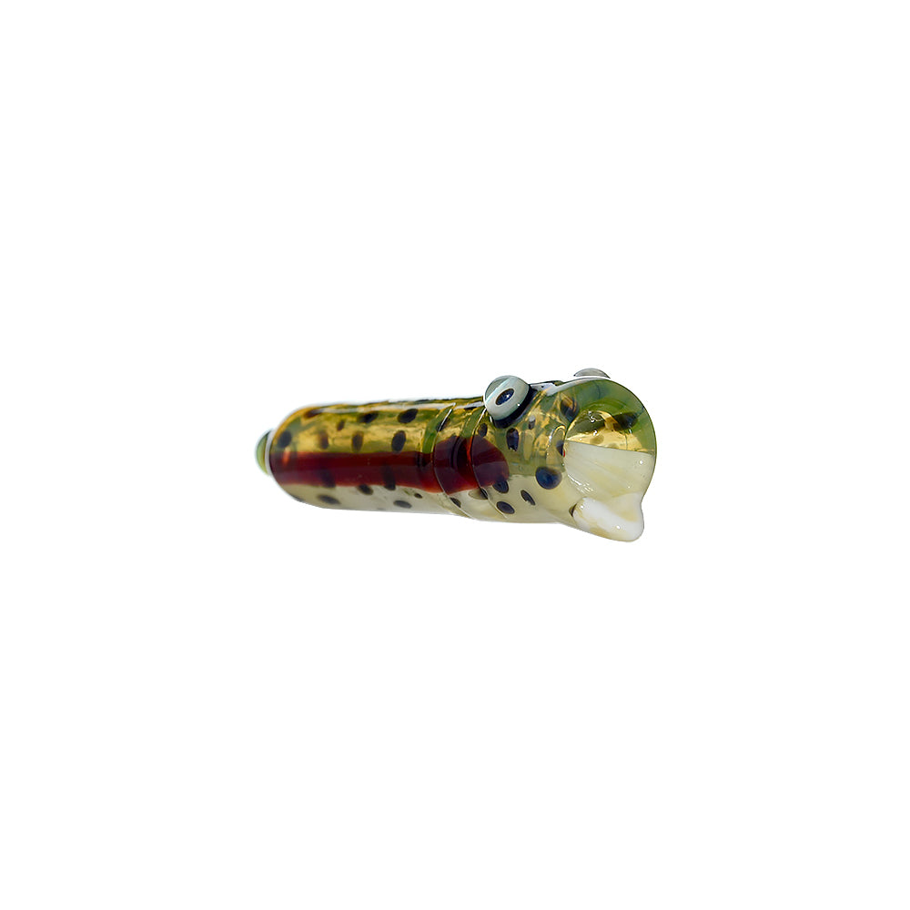 Calibear Trout Camo Chillum glass pipe with fish-eye details and yellow-green trout pattern on white background.