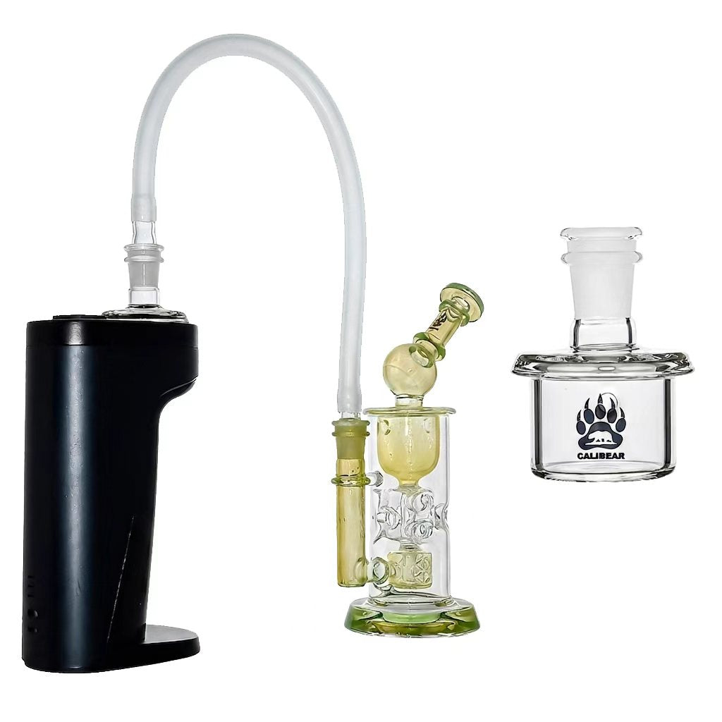 Calibear Whip Dry Top glass attachment for Dr. Dabber Switch 2 featuring black silicone whip and 14.5mm glass joints.