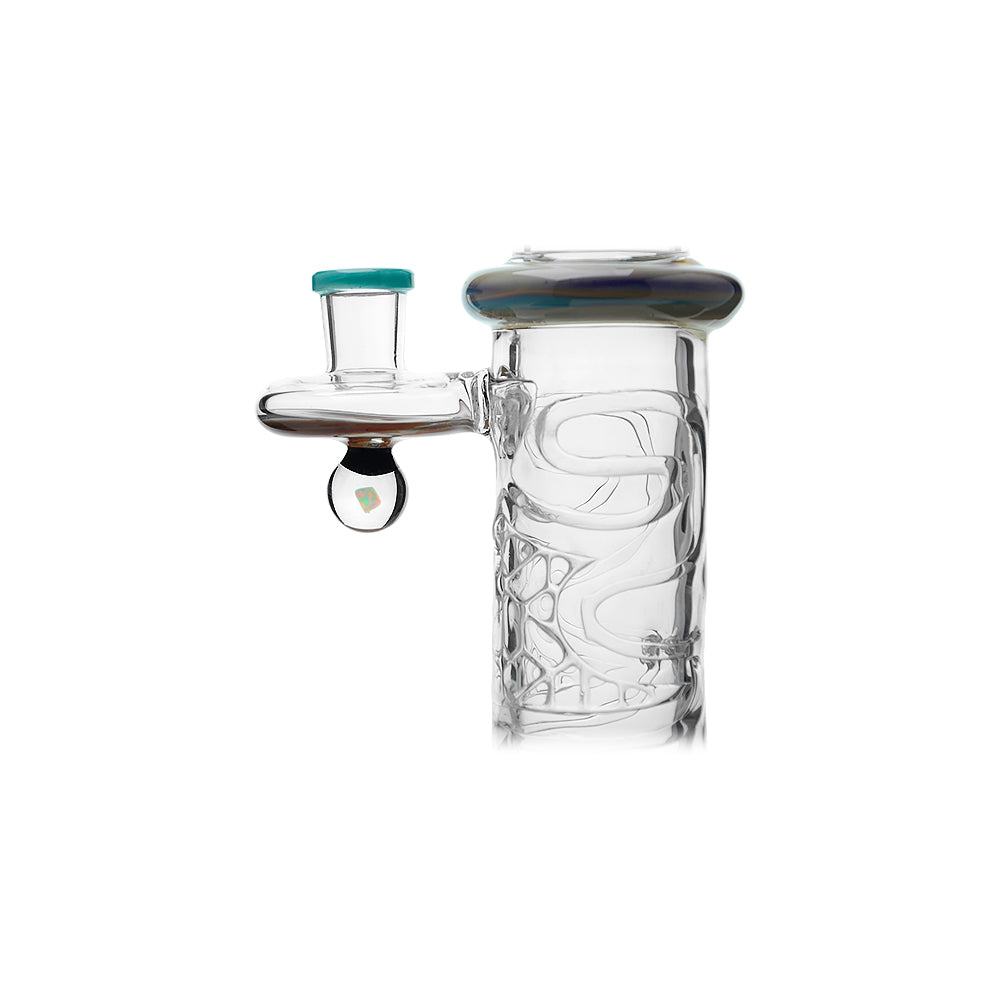 Calibear 11.8 inch Wigwag Wall Perc Glass Bong in Yellow and Teal with Encased Opal and textured base.