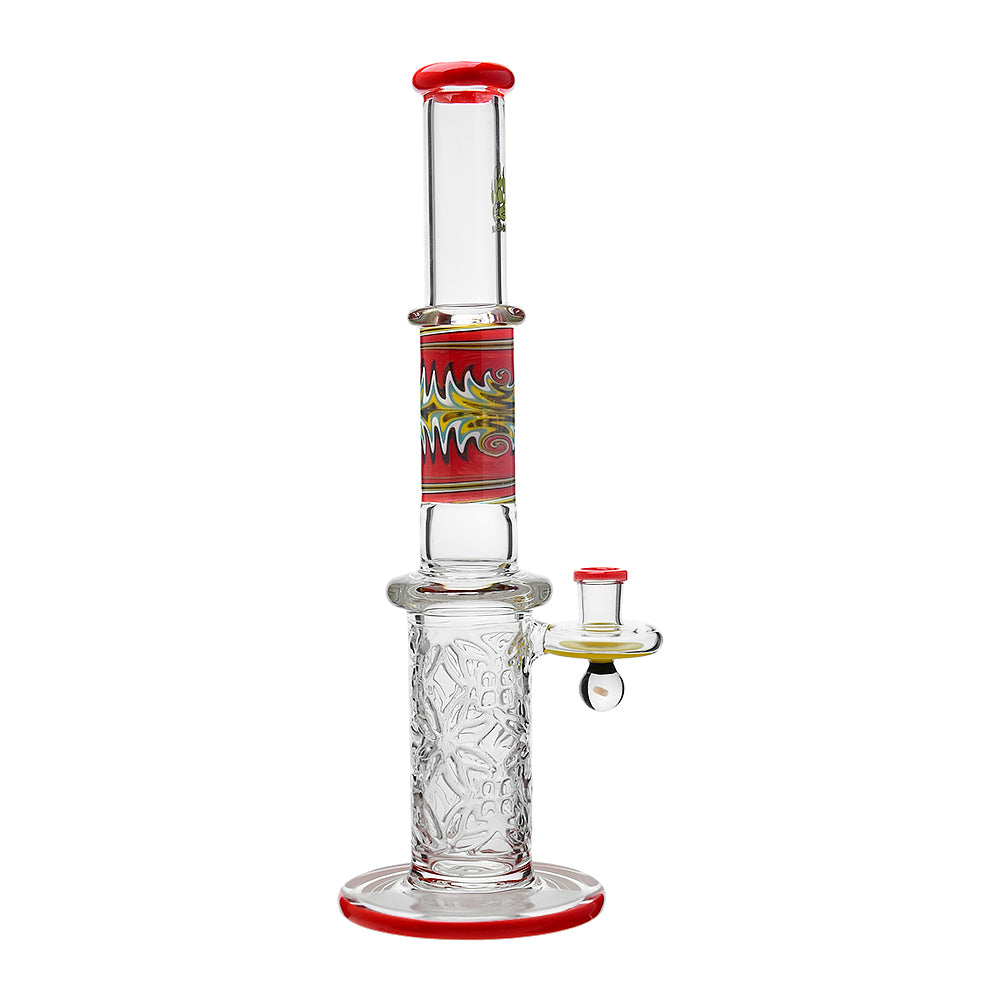 Calibear 11.8 inch Wigwag Wall Perc Glass Bong in Yellow and Teal with Encased Opal and textured base.