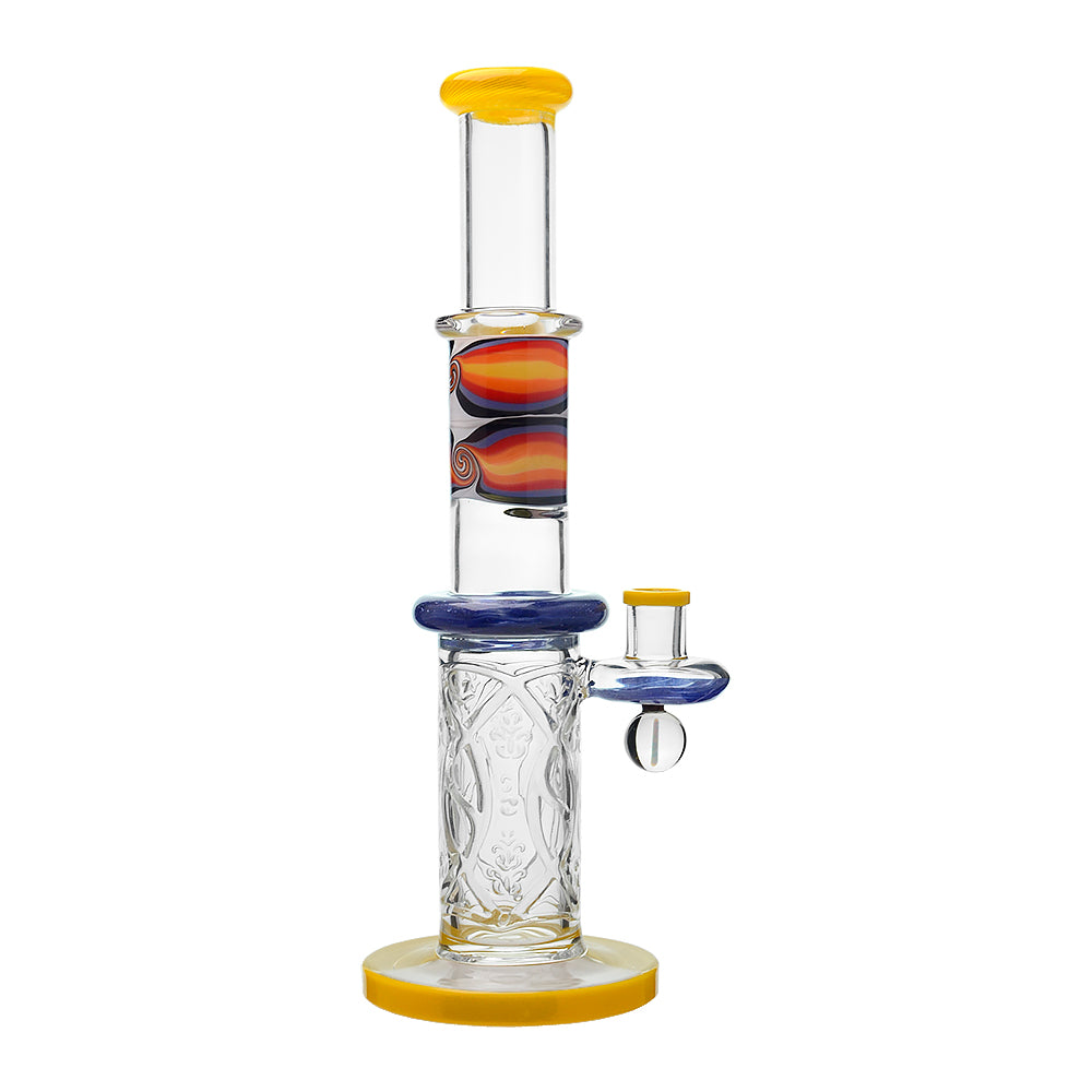 Calibear 11.8 inch Wigwag Wall Perc Glass Bong in Yellow and Teal with Encased Opal and textured base.