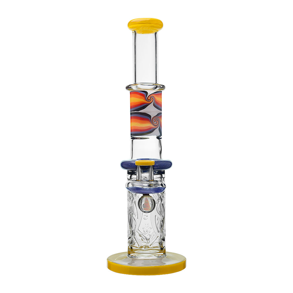 Calibear 11.8 inch Wigwag Wall Perc Glass Bong in Yellow and Teal with Encased Opal and textured base.