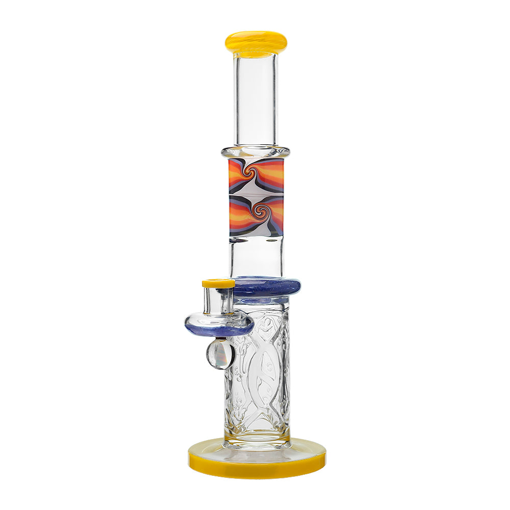 Calibear 11.8 inch Wigwag Wall Perc Glass Bong in Yellow and Teal with Encased Opal and textured base.