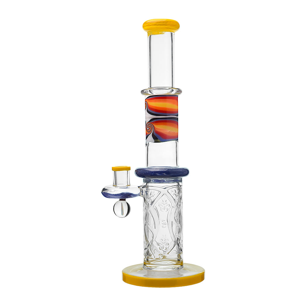 Calibear 11.8 inch Wigwag Wall Perc Glass Bong in Yellow and Teal with Encased Opal and textured base.