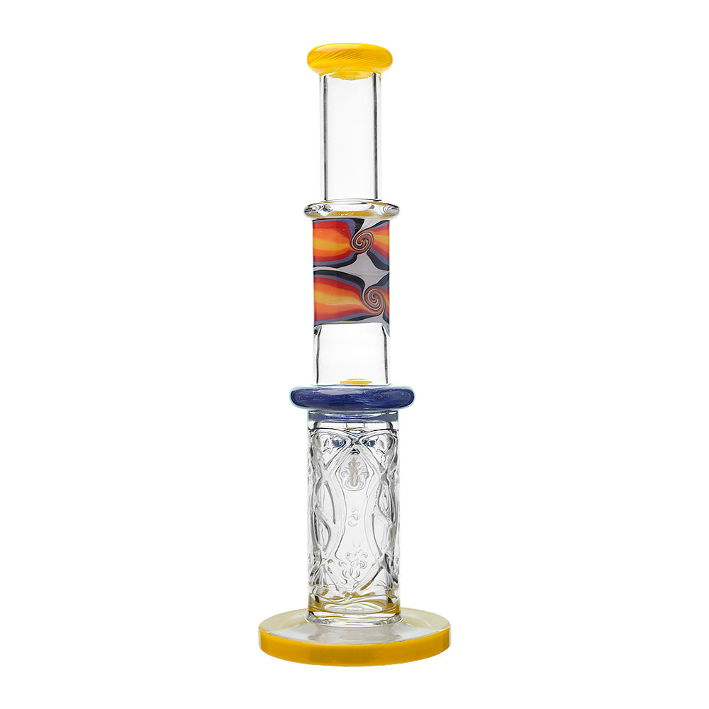 Calibear 11.8 inch Wigwag Wall Perc Glass Bong in Yellow and Teal with Encased Opal and textured base.