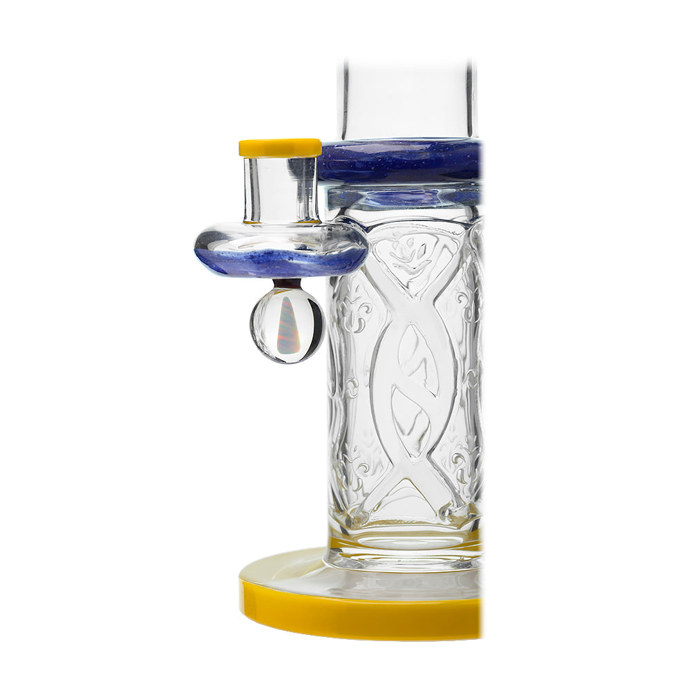 Calibear 11.8 inch Wigwag Wall Perc Glass Bong in Yellow and Teal with Encased Opal and textured base.