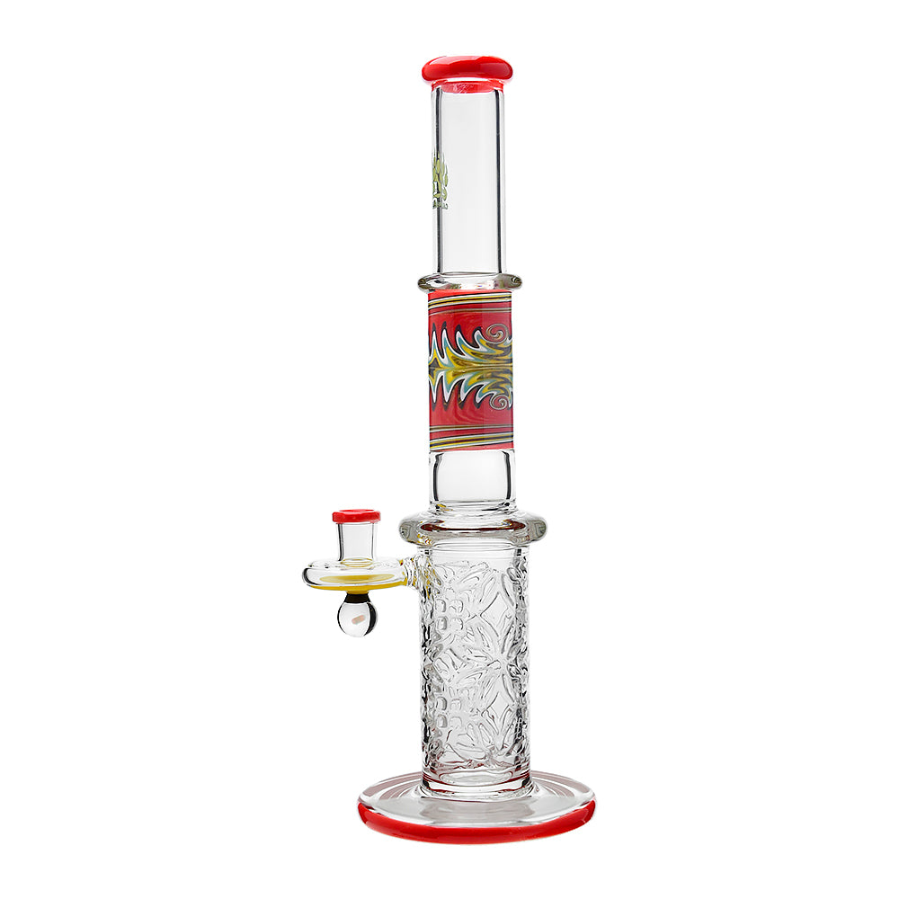 Calibear 11.8 inch Wigwag Wall Perc Glass Bong in Yellow and Teal with Encased Opal and textured base.