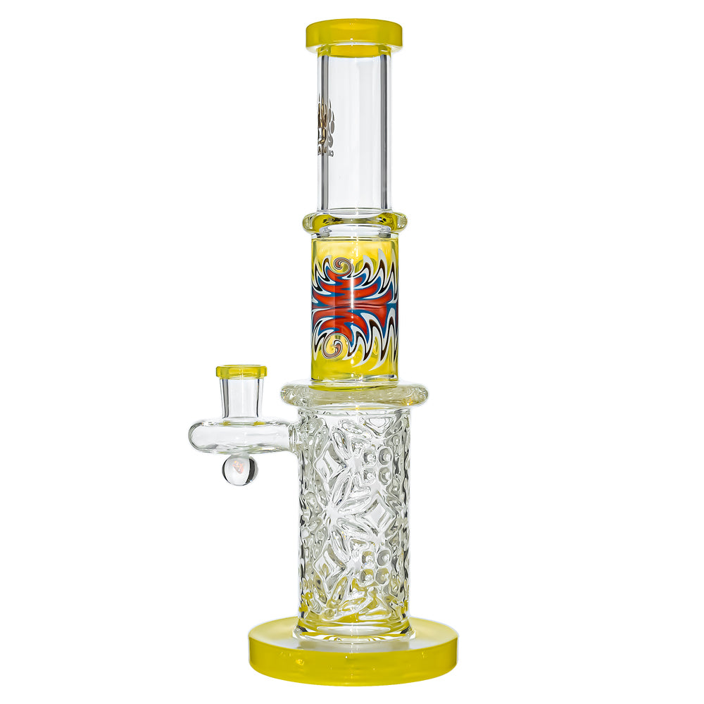 Calibear 11.8 inch Wigwag Wall Perc Glass Bong in Yellow and Teal with Encased Opal and textured base.
