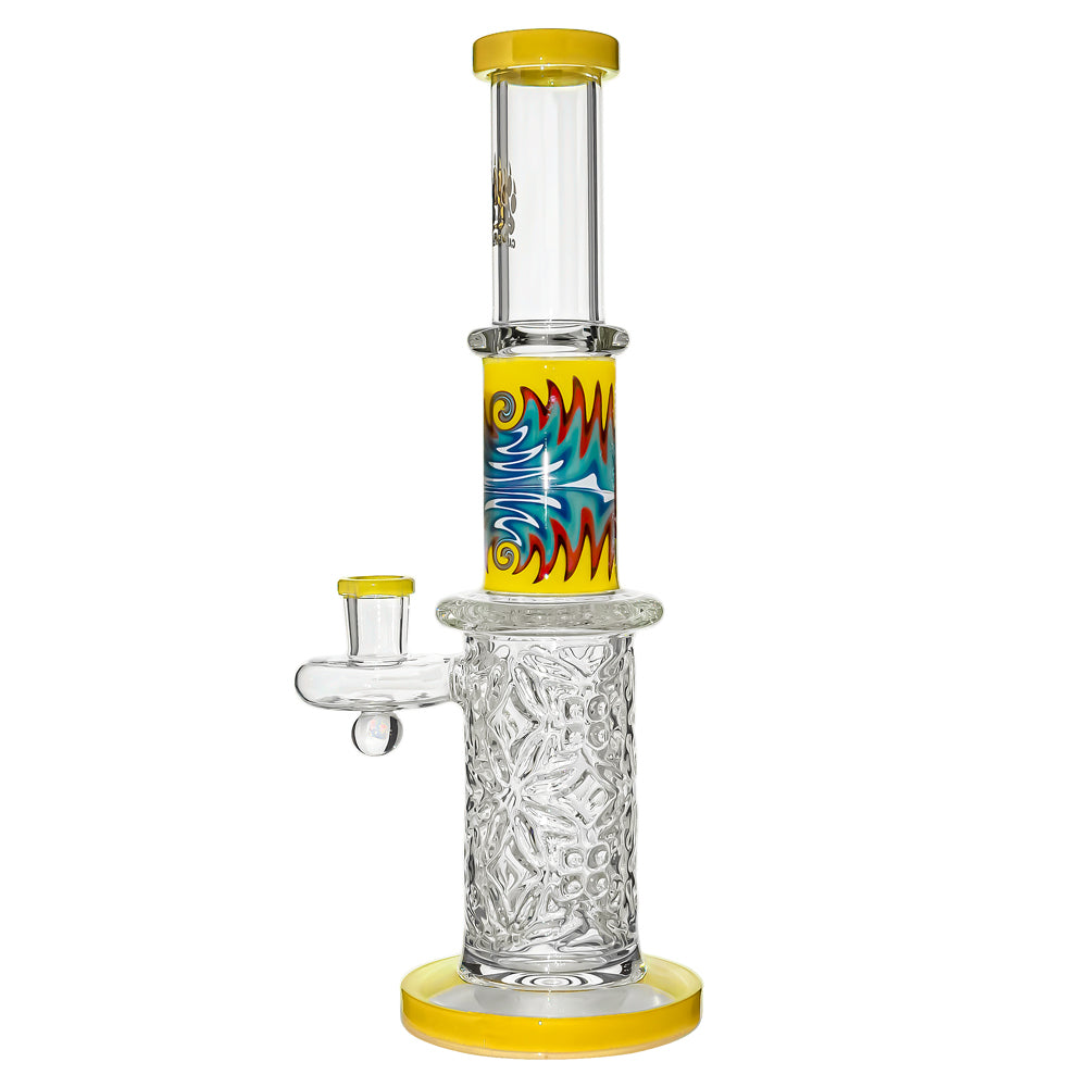 Calibear 11.8 inch Wigwag Wall Perc Glass Bong in Yellow and Teal with Encased Opal and textured base.