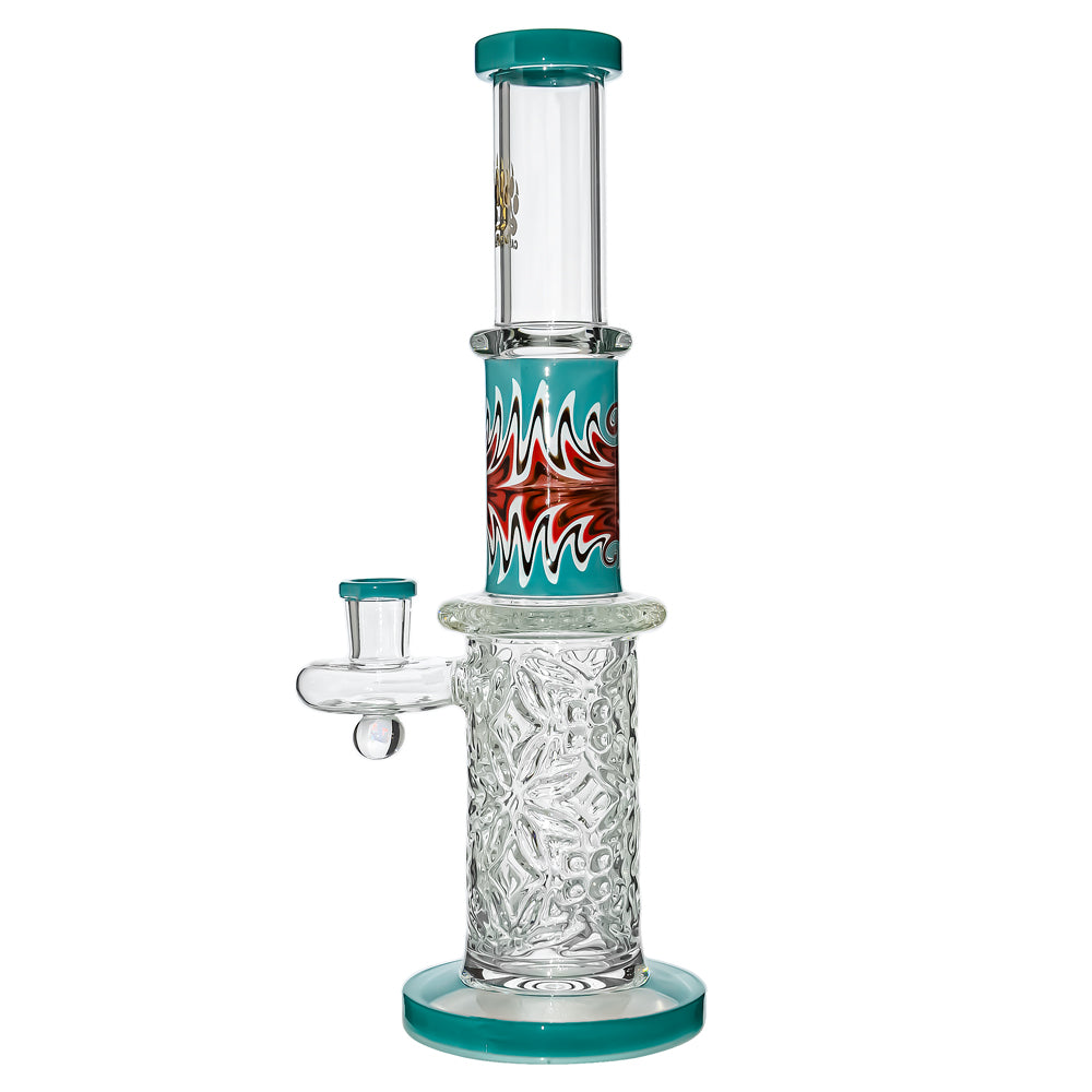 Calibear 11.8 inch Wigwag Wall Perc Glass Bong in Yellow and Teal with Encased Opal and textured base.