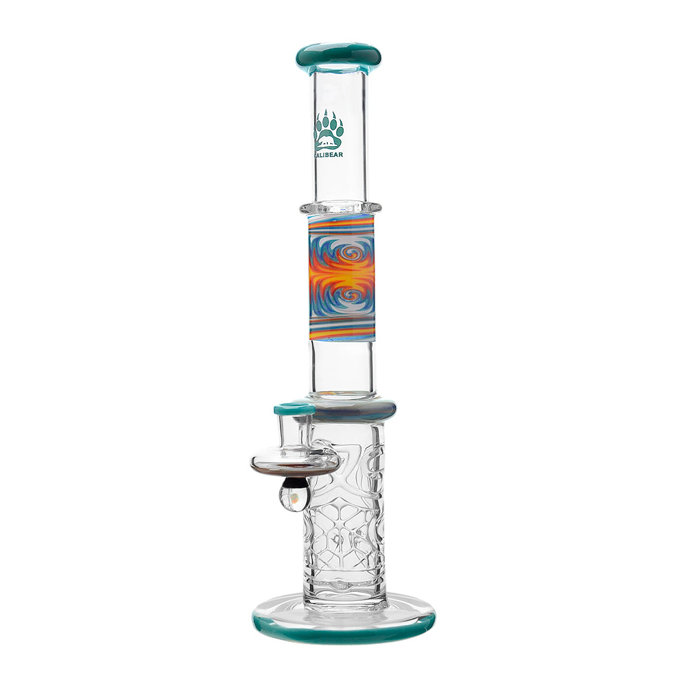 Calibear 11.8 inch Wigwag Wall Perc Glass Bong in Yellow and Teal with Encased Opal and textured base.