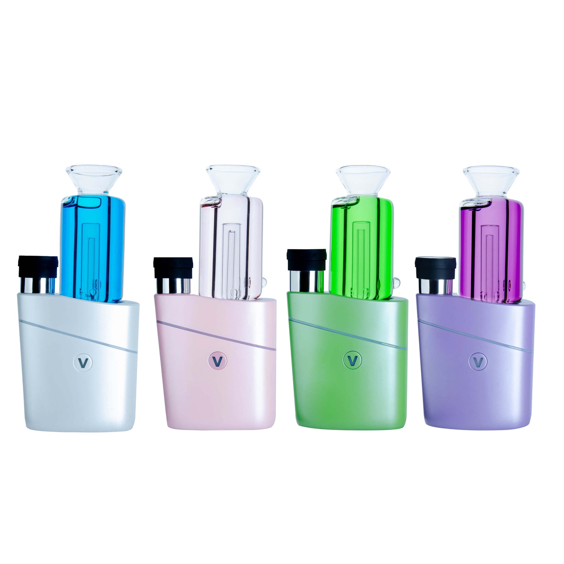 Five colorful Chill Pop glycerin-filled glass toppers for Focus V Carta and VLAB Halo in pink, purple, blue, orange, and green on a white background.