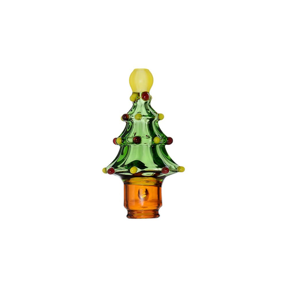 Two Calibear Pivot devices with green Christmas tree glass attachments featuring colorful ornaments on a white background.