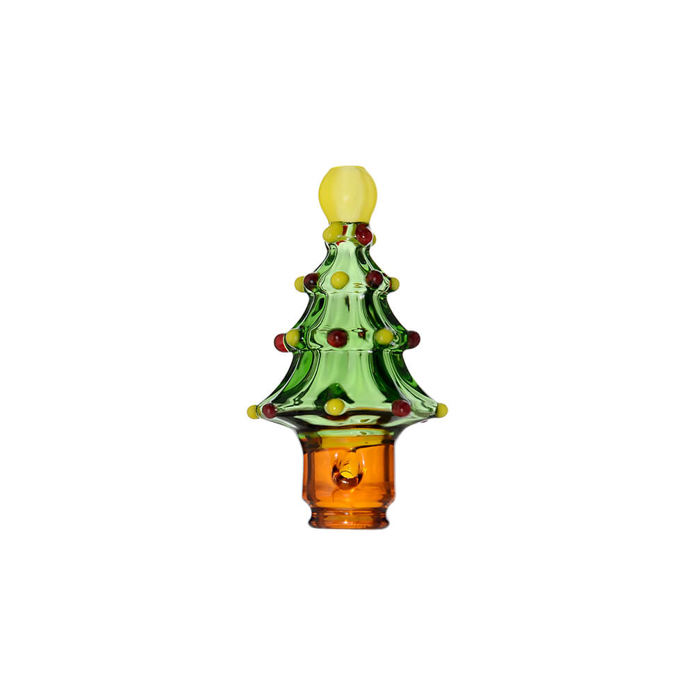 Two Calibear Pivot devices with green Christmas tree glass attachments featuring colorful ornaments on a white background.