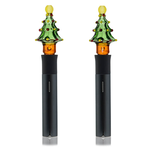 Two Calibear Pivot devices with green Christmas tree glass attachments featuring colorful ornaments on a white background.