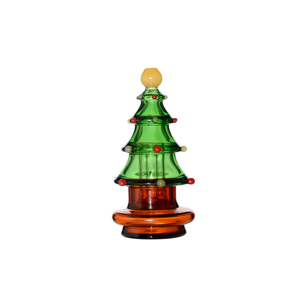 Calibear Christmas tree glass top attachment with layered green branches shown on a Puffco Peak device and standalone.