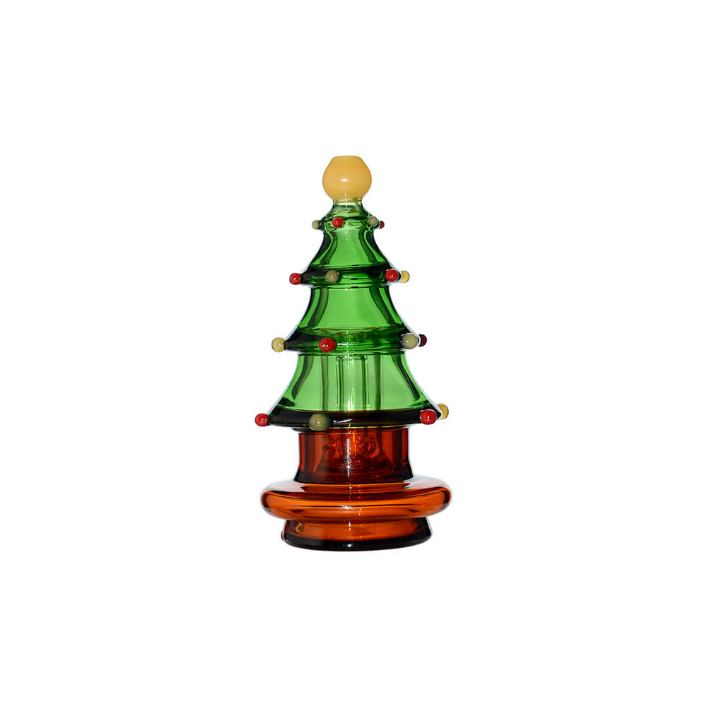 Calibear Christmas tree glass top attachment with layered green branches shown on a Puffco Peak device and standalone.