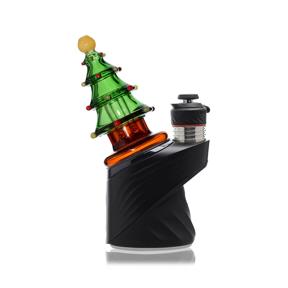 Calibear Christmas tree glass top attachment with layered green branches shown on a Puffco Peak device and standalone.