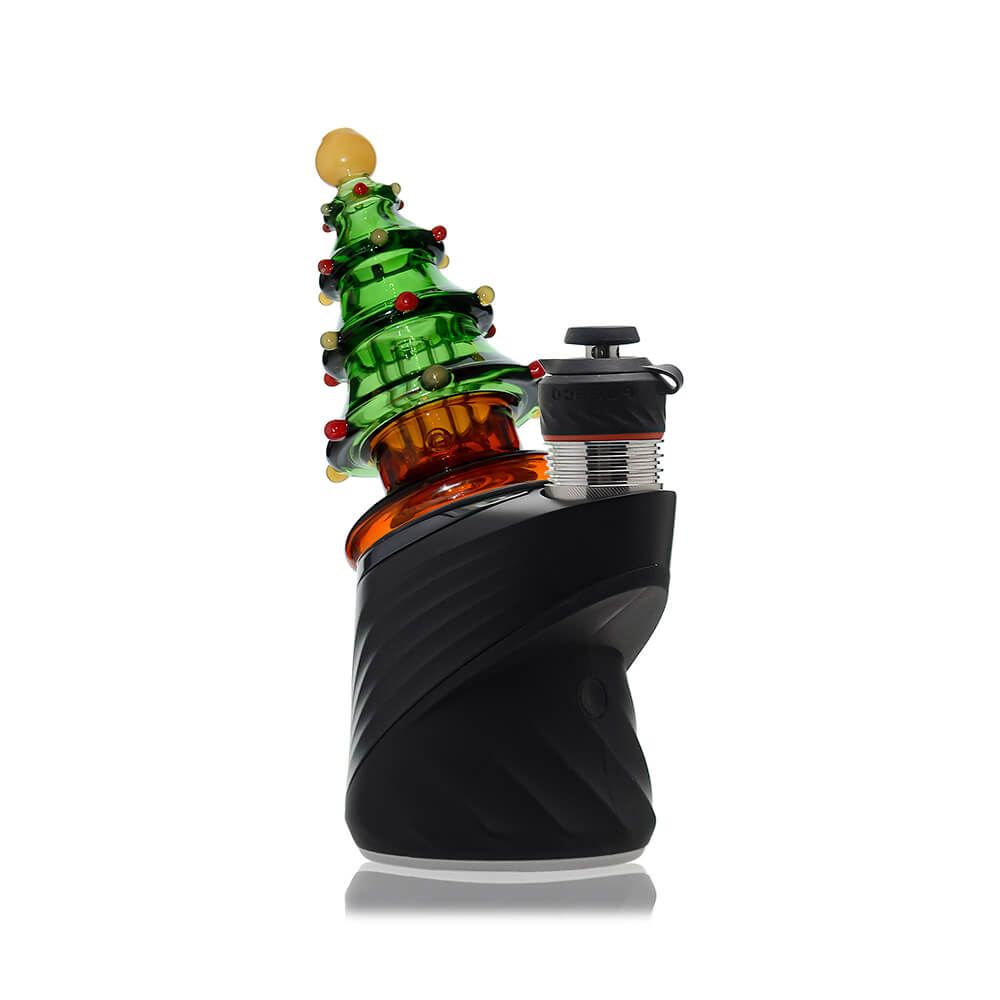 Calibear Christmas tree glass top attachment with layered green branches shown on a Puffco Peak device and standalone.
