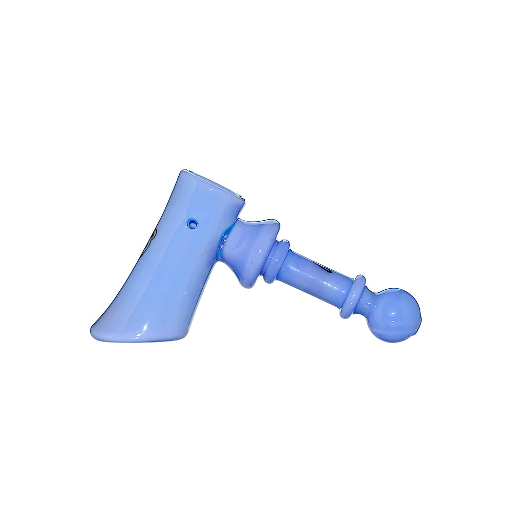 Calibear Classic Axe-Shaped Glass Pipes in ten different translucent and opaque colors including blue, lavender, pink, and amber, showcasing the freestanding hatchet head bowl and textured handle.