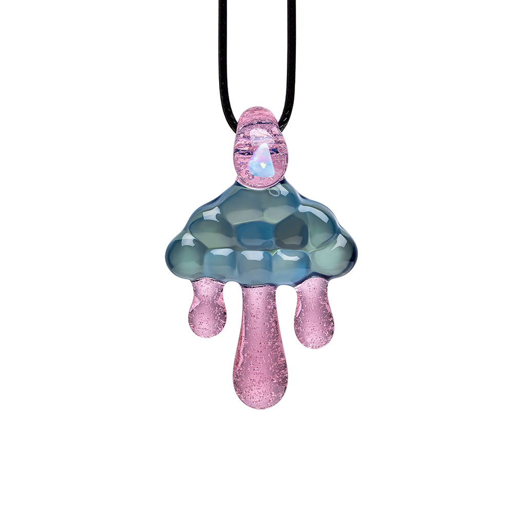 Handcrafted cloud-inspired glass pendant necklaces with dripping glass droplets and an embedded opal gemstone at the top loop, showcasing different translucent color options.