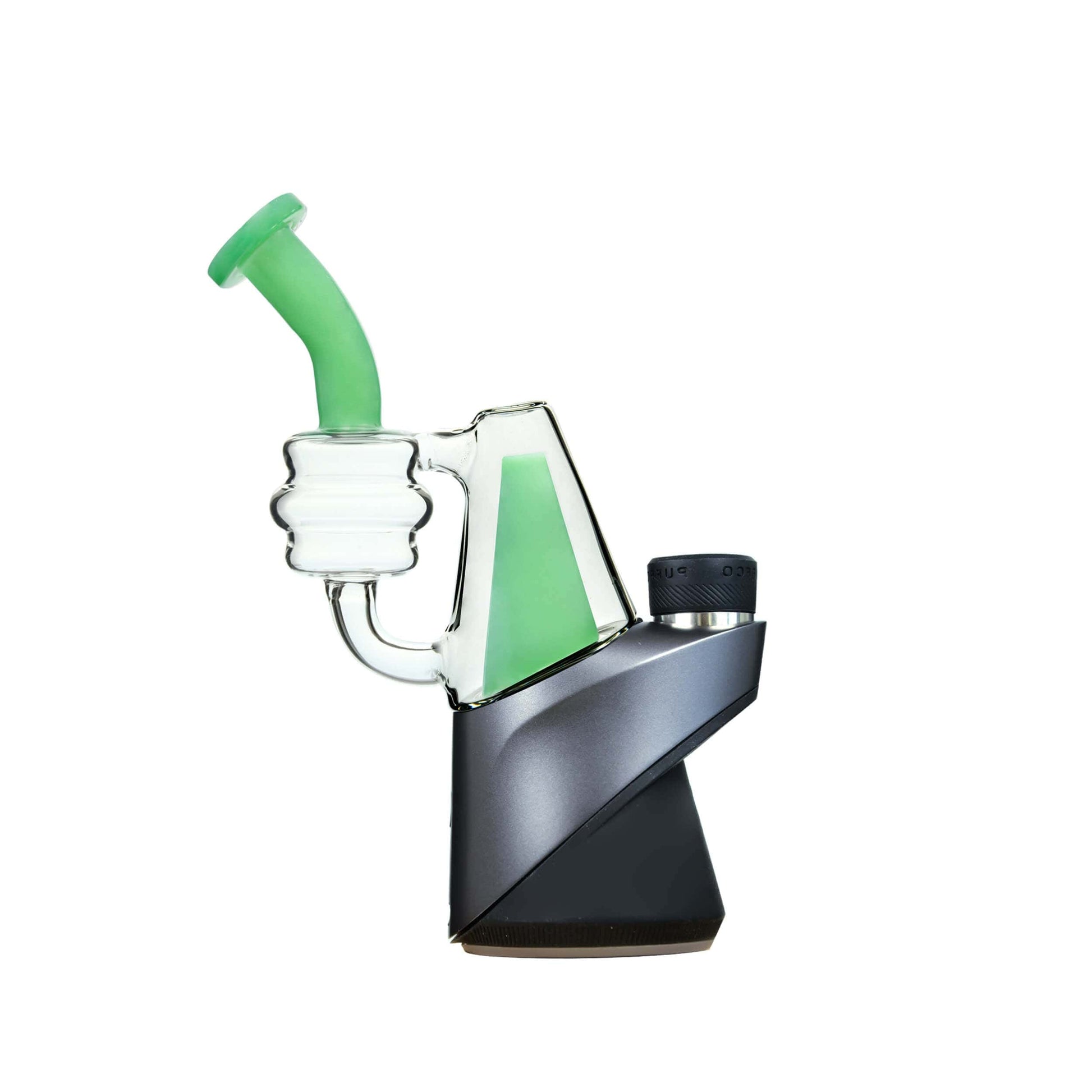 Five CaliBear colored recycler glass replacement tops for Puffco Peak and Pro in pink, purple, blue, green, and lime showing coiled percolator and curved mouthpiece.
