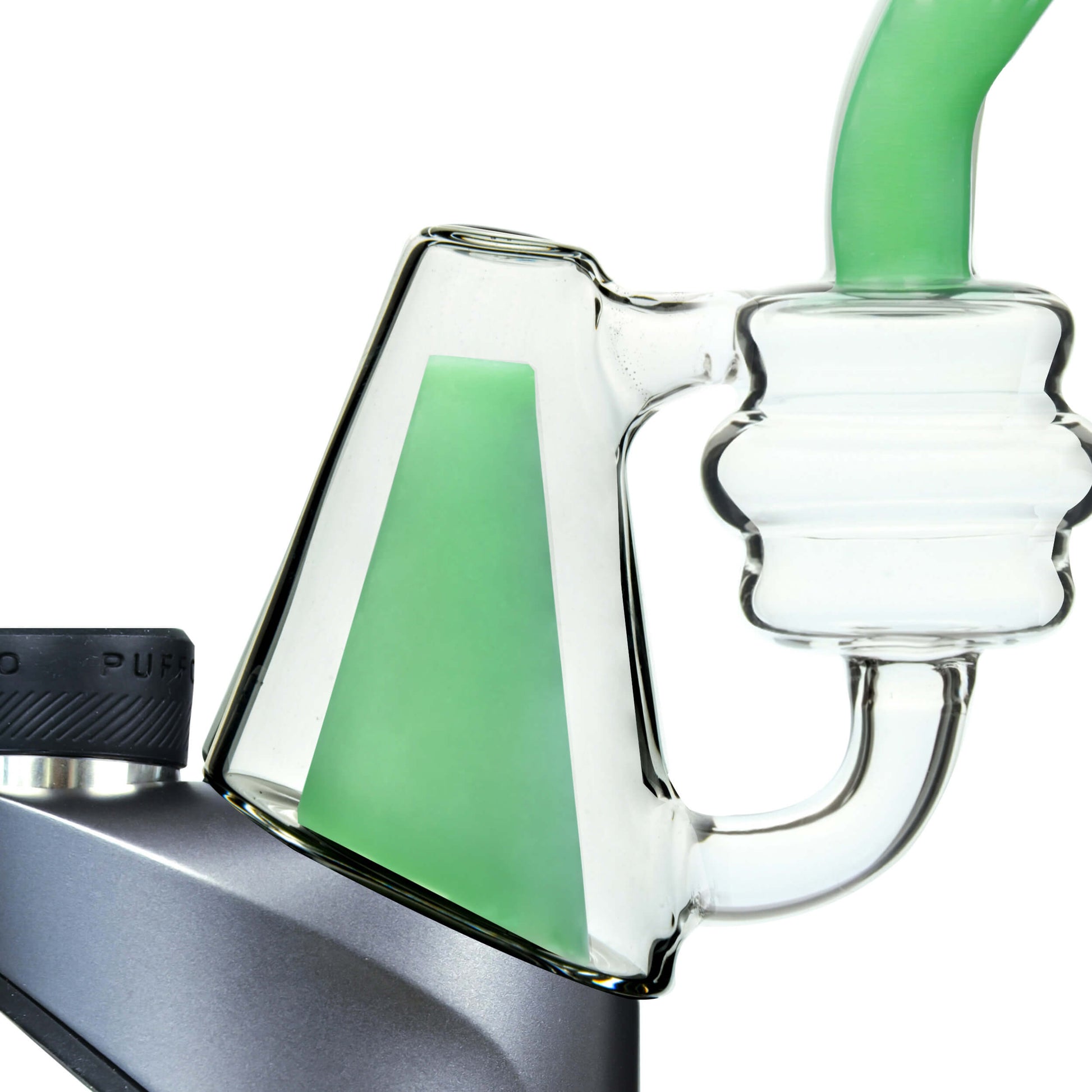 Five CaliBear colored recycler glass replacement tops for Puffco Peak and Pro in pink, purple, blue, green, and lime showing coiled percolator and curved mouthpiece.