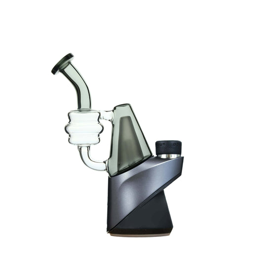 Five CaliBear colored recycler glass replacement tops for Puffco Peak and Pro in pink, purple, blue, green, and lime showing coiled percolator and curved mouthpiece.