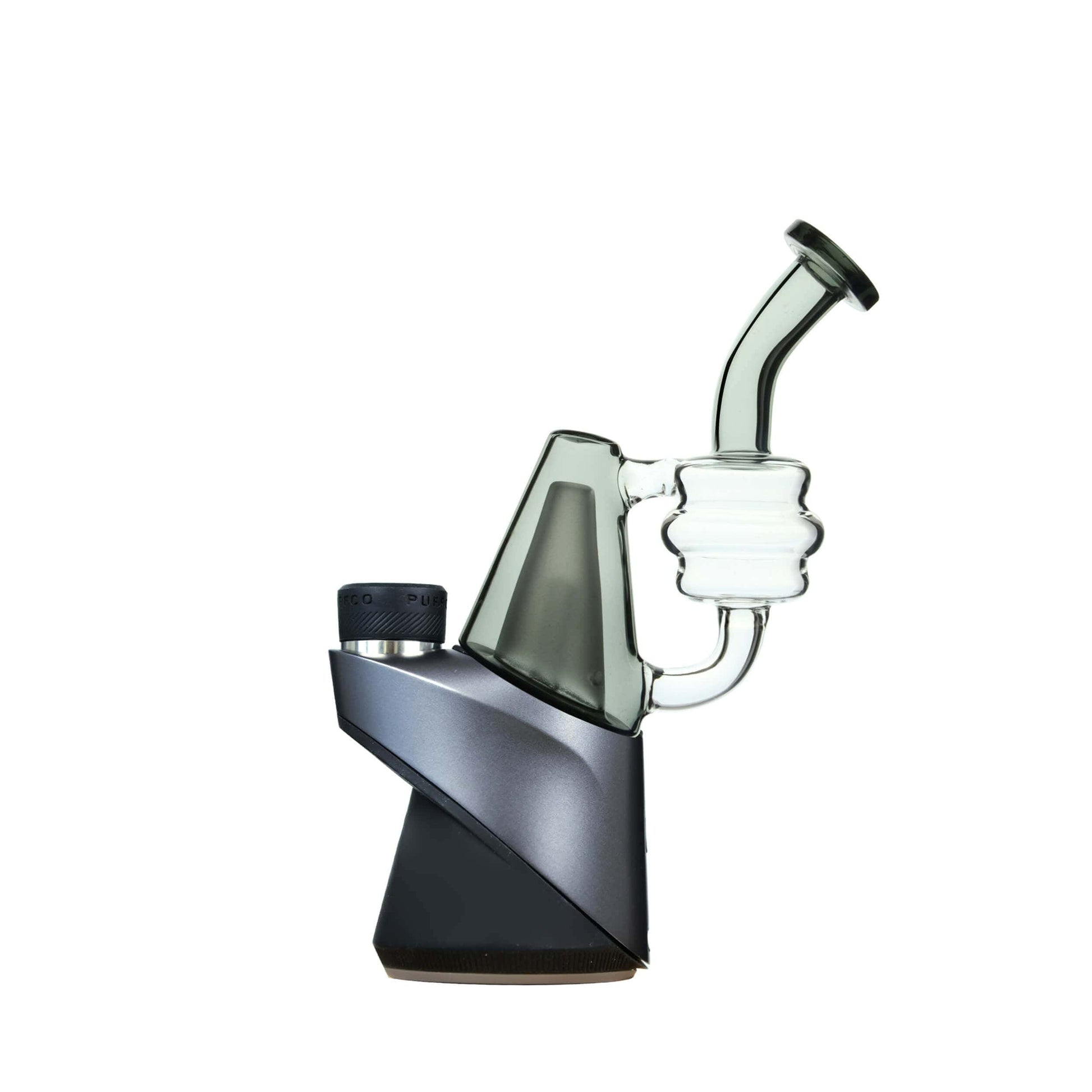 Five CaliBear colored recycler glass replacement tops for Puffco Peak and Pro in pink, purple, blue, green, and lime showing coiled percolator and curved mouthpiece.