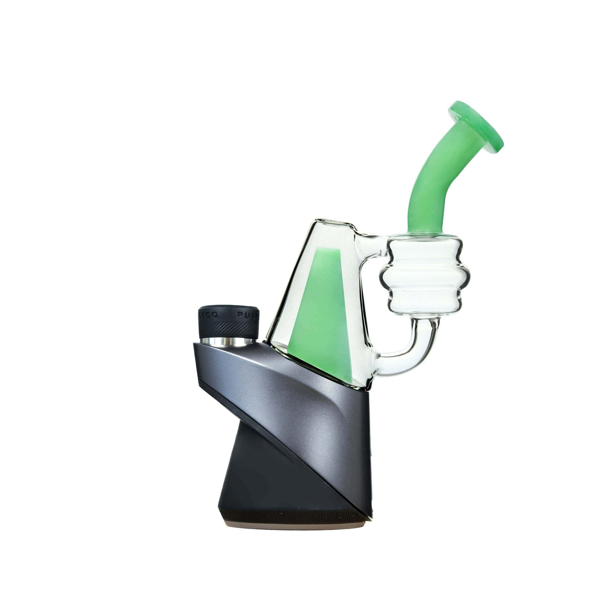Five CaliBear colored recycler glass replacement tops for Puffco Peak and Pro in pink, purple, blue, green, and lime showing coiled percolator and curved mouthpiece.