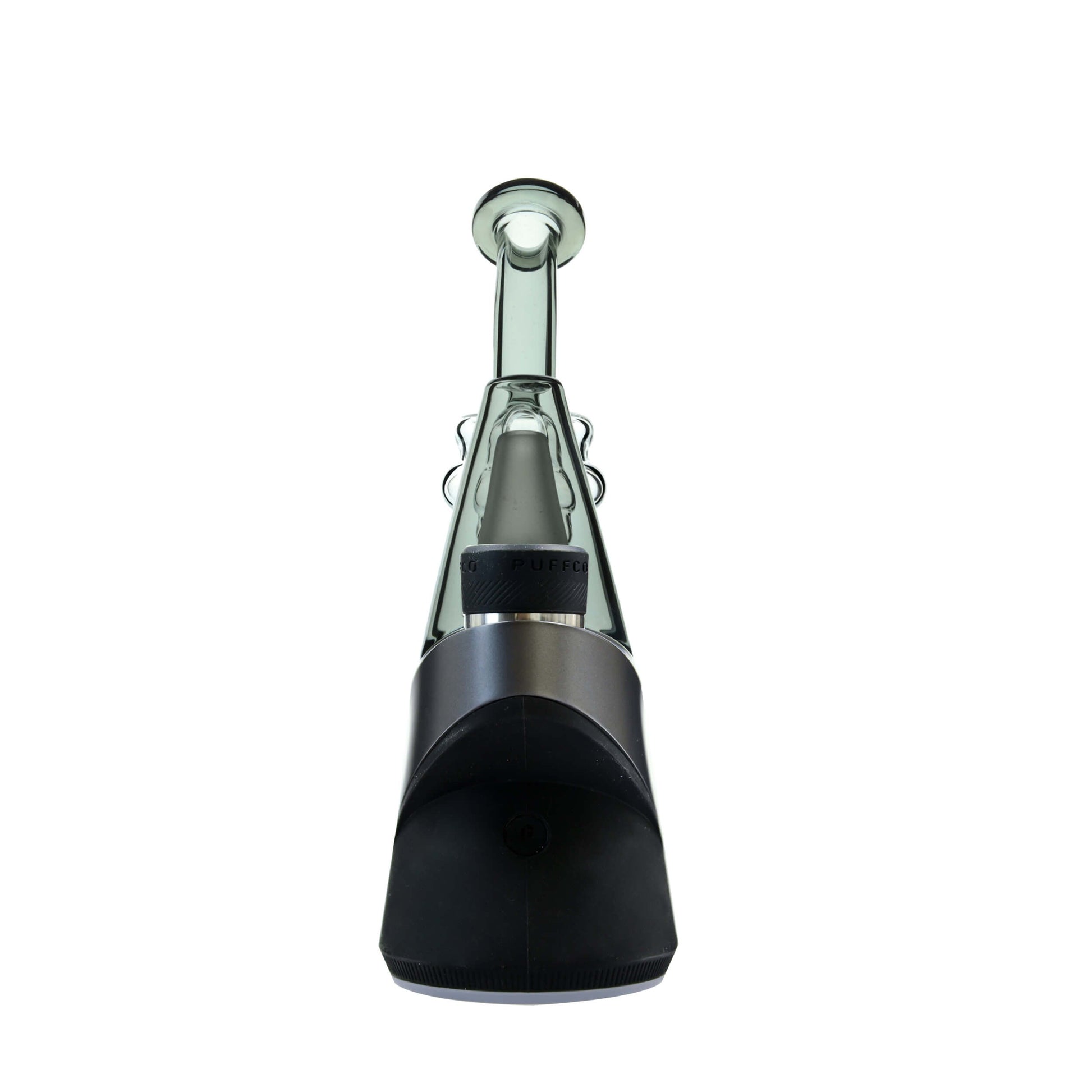 Five CaliBear colored recycler glass replacement tops for Puffco Peak and Pro in pink, purple, blue, green, and lime showing coiled percolator and curved mouthpiece.