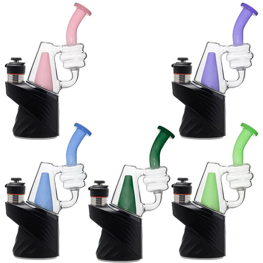 Five CaliBear colored recycler glass replacement tops for Puffco Peak and Pro in pink, purple, blue, green, and lime showing coiled percolator and curved mouthpiece.