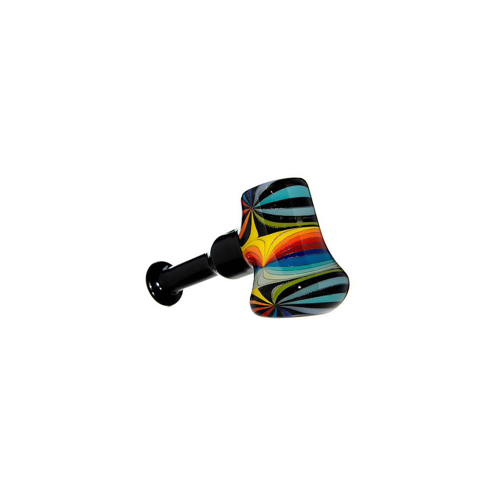 A collection of Colorful Starburst Axe Glass Pipes in various vibrant color patterns including red, blue, and rainbow starbursts with sleek black stems.