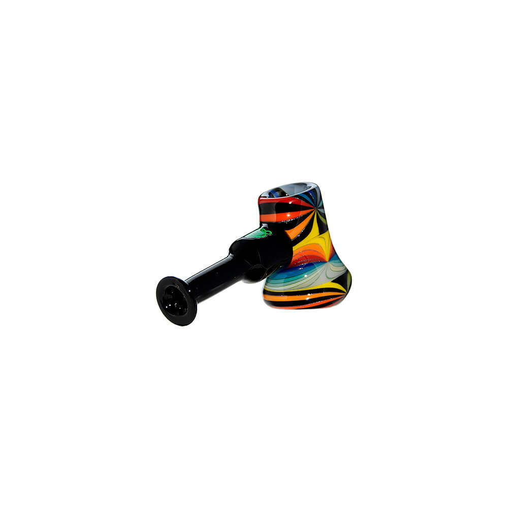 A collection of Colorful Starburst Axe Glass Pipes in various vibrant color patterns including red, blue, and rainbow starbursts with sleek black stems.