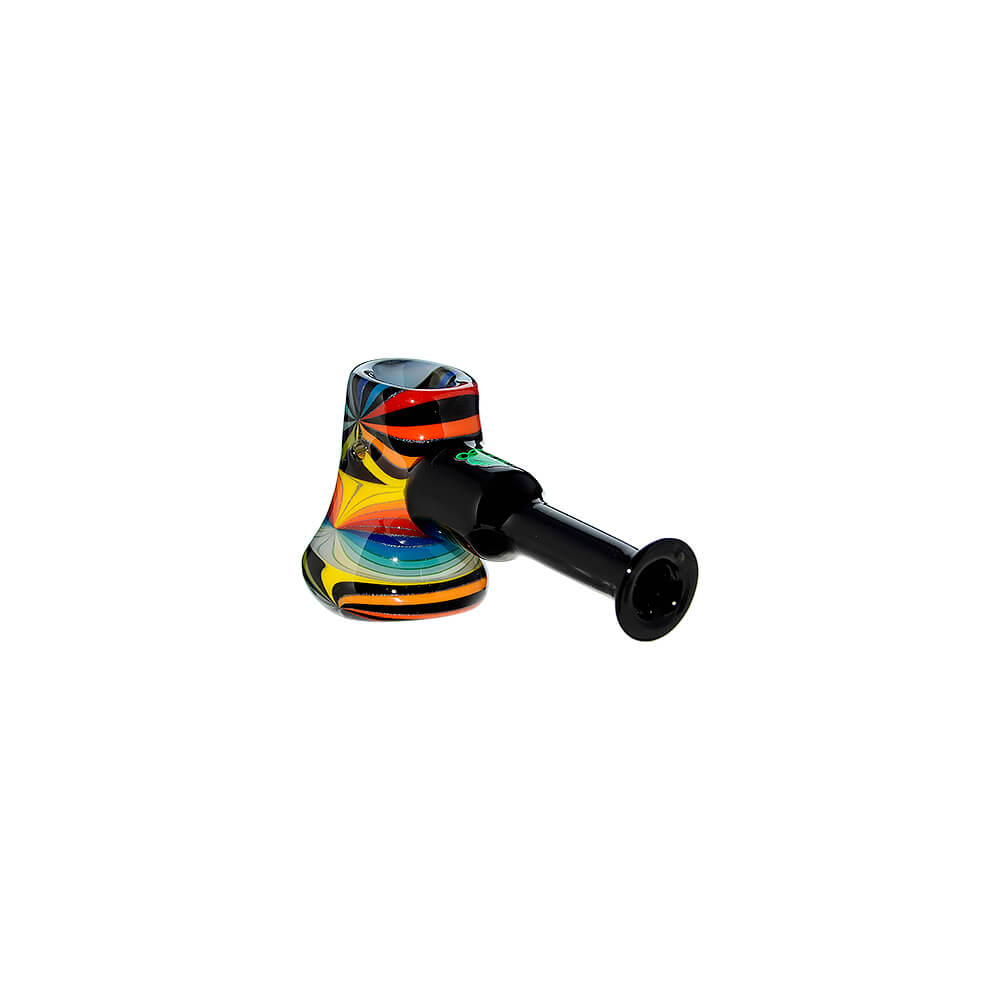 A collection of Colorful Starburst Axe Glass Pipes in various vibrant color patterns including red, blue, and rainbow starbursts with sleek black stems.