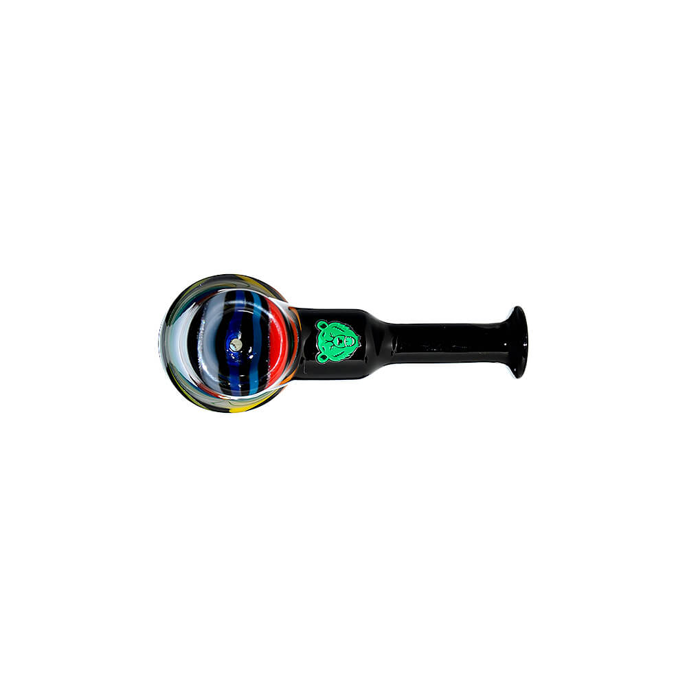 A collection of Colorful Starburst Axe Glass Pipes in various vibrant color patterns including red, blue, and rainbow starbursts with sleek black stems.