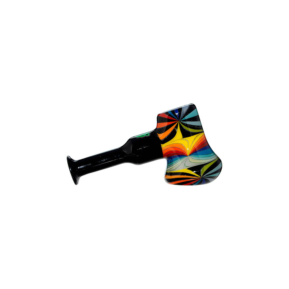 A collection of Colorful Starburst Axe Glass Pipes in various vibrant color patterns including red, blue, and rainbow starbursts with sleek black stems.