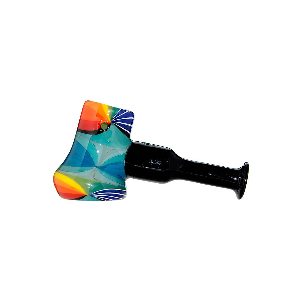 A collection of Colorful Starburst Axe Glass Pipes in various vibrant color patterns including red, blue, and rainbow starbursts with sleek black stems.