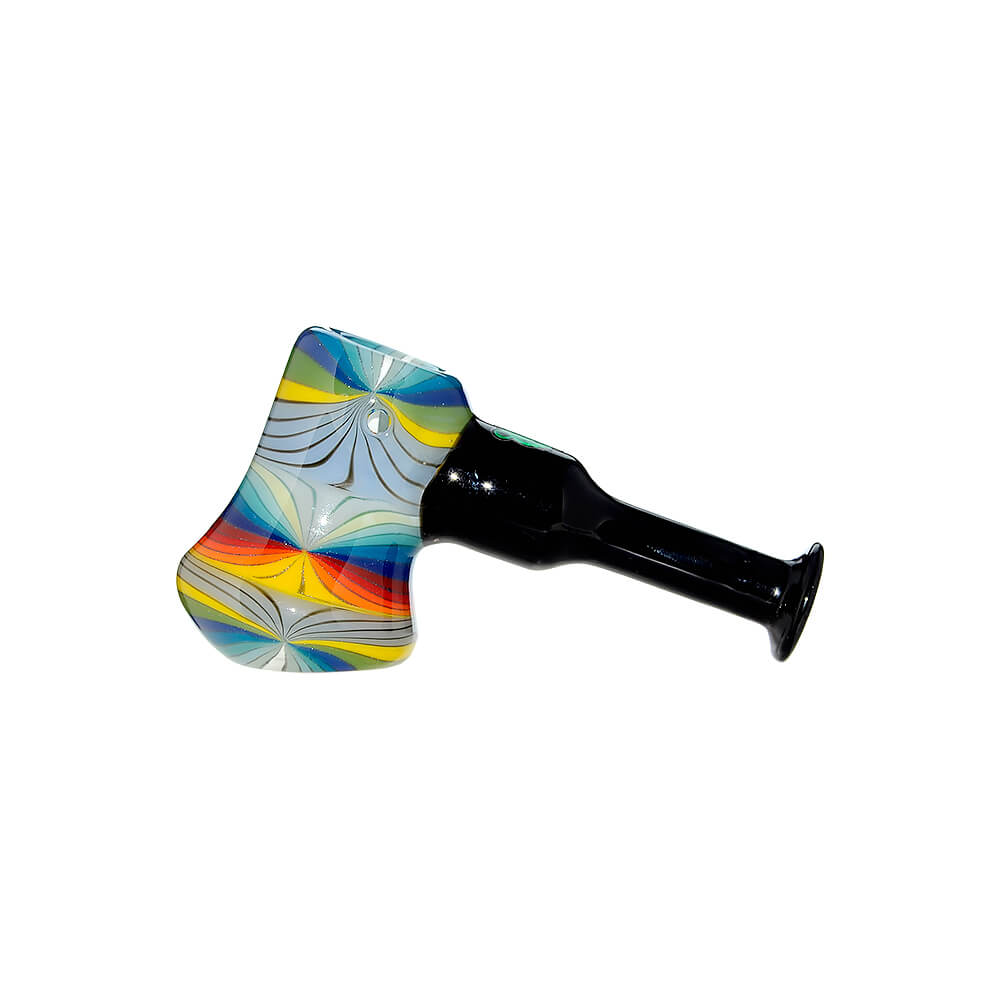A collection of Colorful Starburst Axe Glass Pipes in various vibrant color patterns including red, blue, and rainbow starbursts with sleek black stems.