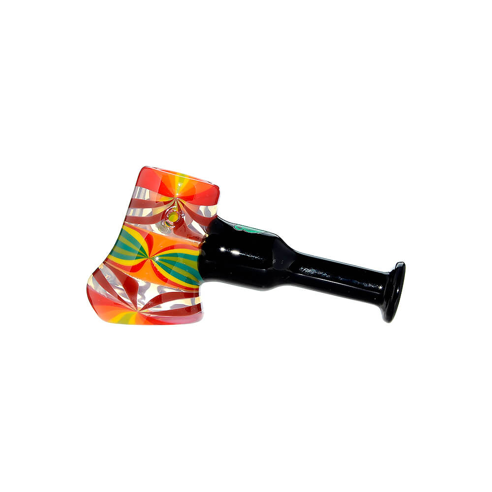 A collection of Colorful Starburst Axe Glass Pipes in various vibrant color patterns including red, blue, and rainbow starbursts with sleek black stems.