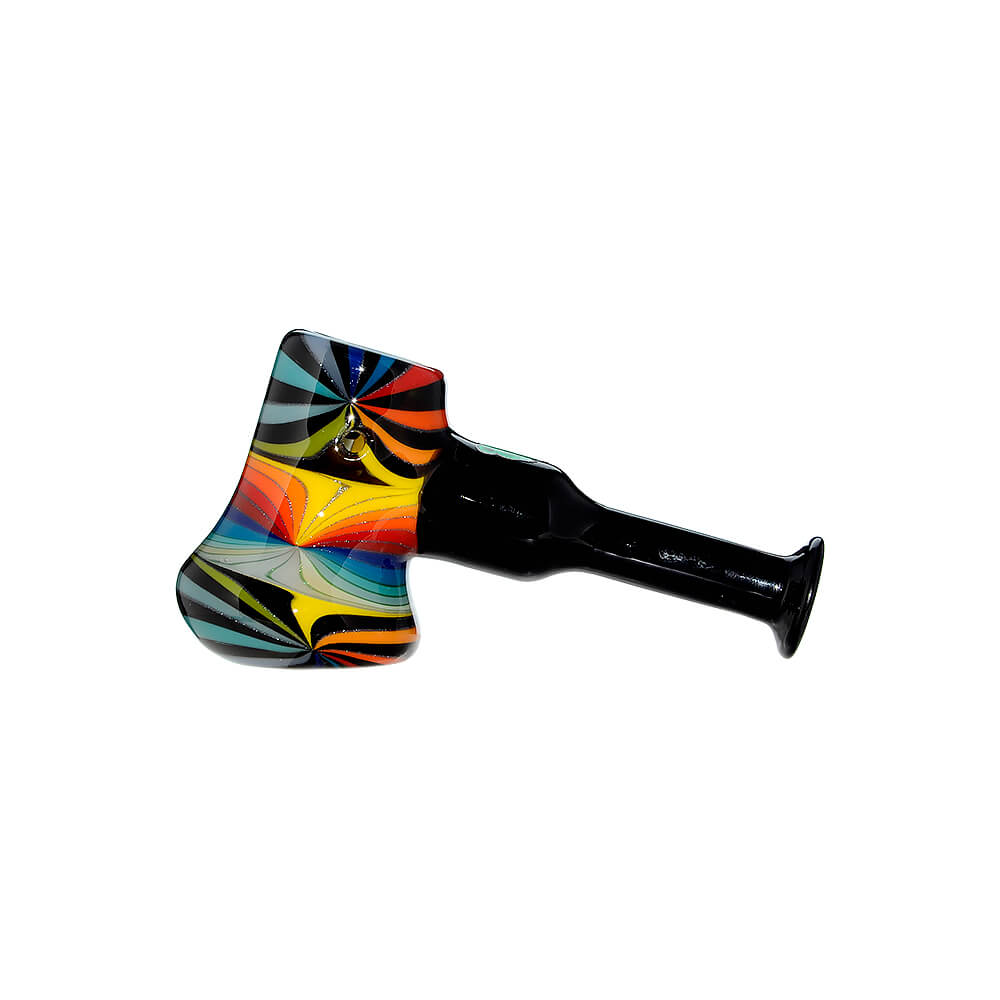 A collection of Colorful Starburst Axe Glass Pipes in various vibrant color patterns including red, blue, and rainbow starbursts with sleek black stems.
