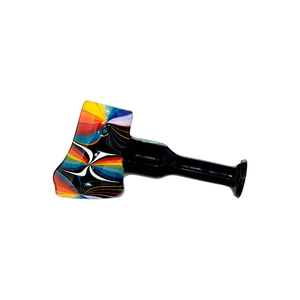 A collection of Colorful Starburst Axe Glass Pipes in various vibrant color patterns including red, blue, and rainbow starbursts with sleek black stems.