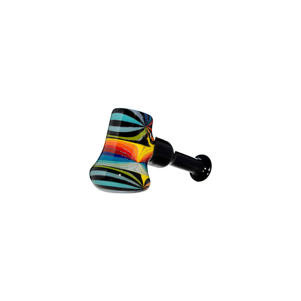 A collection of Colorful Starburst Axe Glass Pipes in various vibrant color patterns including red, blue, and rainbow starbursts with sleek black stems.