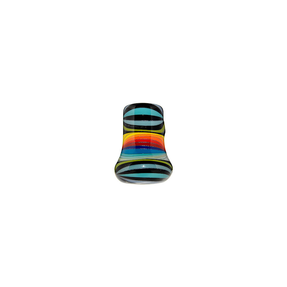 A collection of Colorful Starburst Axe Glass Pipes in various vibrant color patterns including red, blue, and rainbow starbursts with sleek black stems.