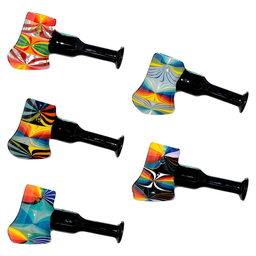 A collection of Colorful Starburst Axe Glass Pipes in various vibrant color patterns including red, blue, and rainbow starbursts with sleek black stems.