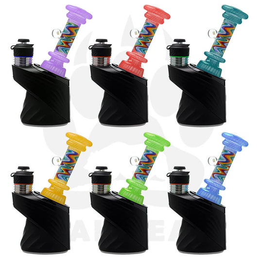 A collection of CaliBear glass attachments for Puffco Peak OG and Pro featuring vibrant wigwag swirl patterns in multiple colors and encased opal accents.