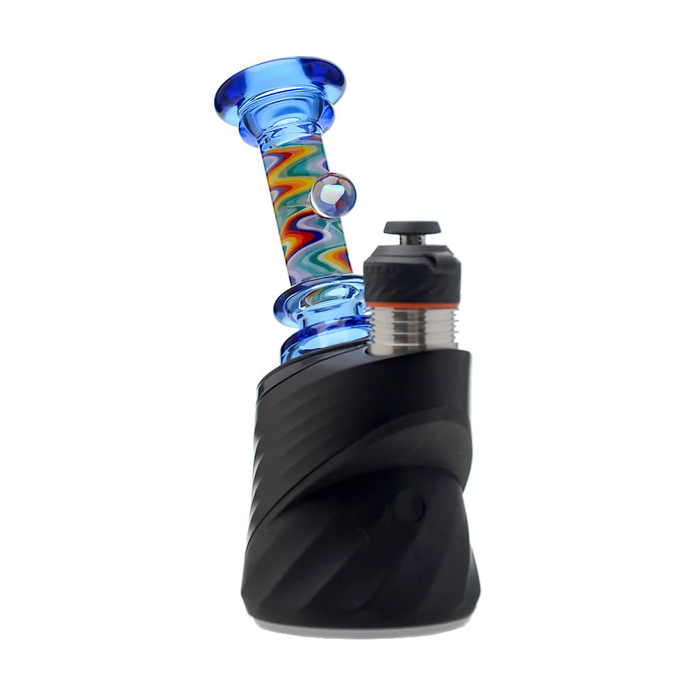 A collection of CaliBear glass attachments for Puffco Peak OG and Pro featuring vibrant wigwag swirl patterns in multiple colors and encased opal accents.