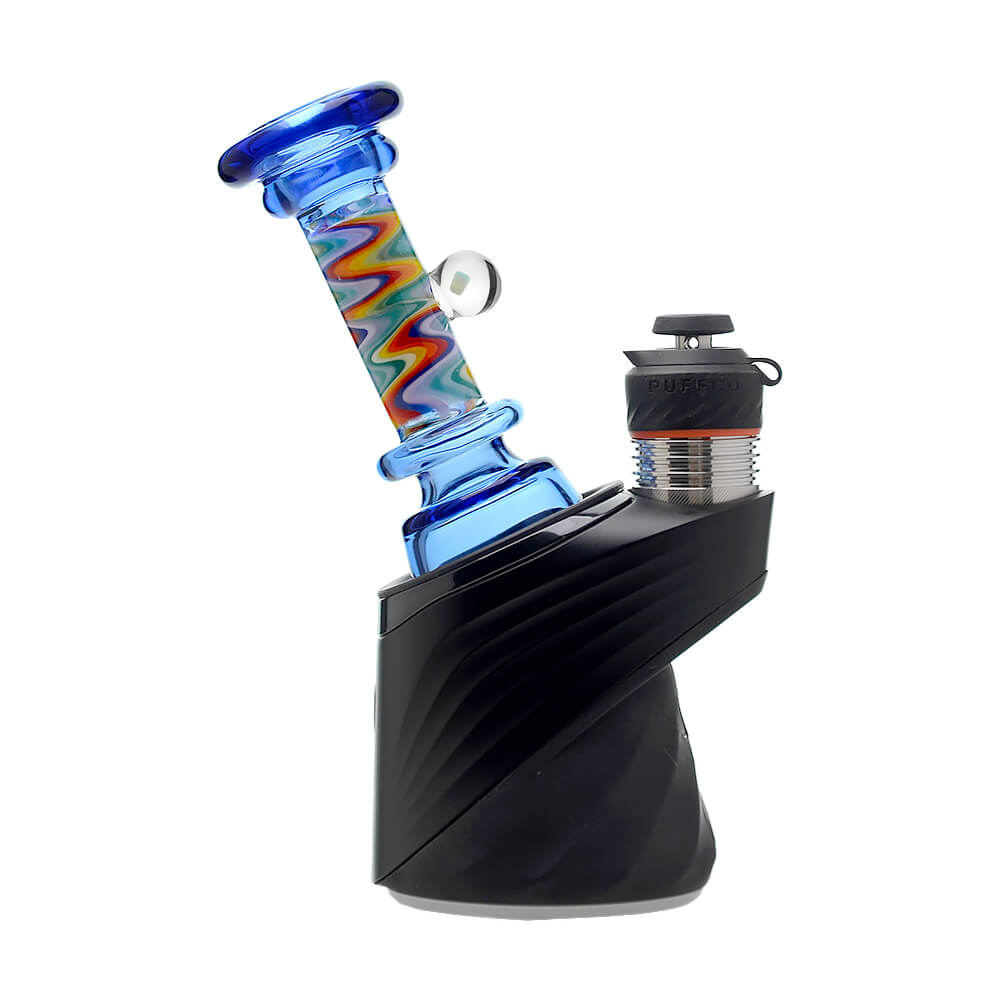 A collection of CaliBear glass attachments for Puffco Peak OG and Pro featuring vibrant wigwag swirl patterns in multiple colors and encased opal accents.