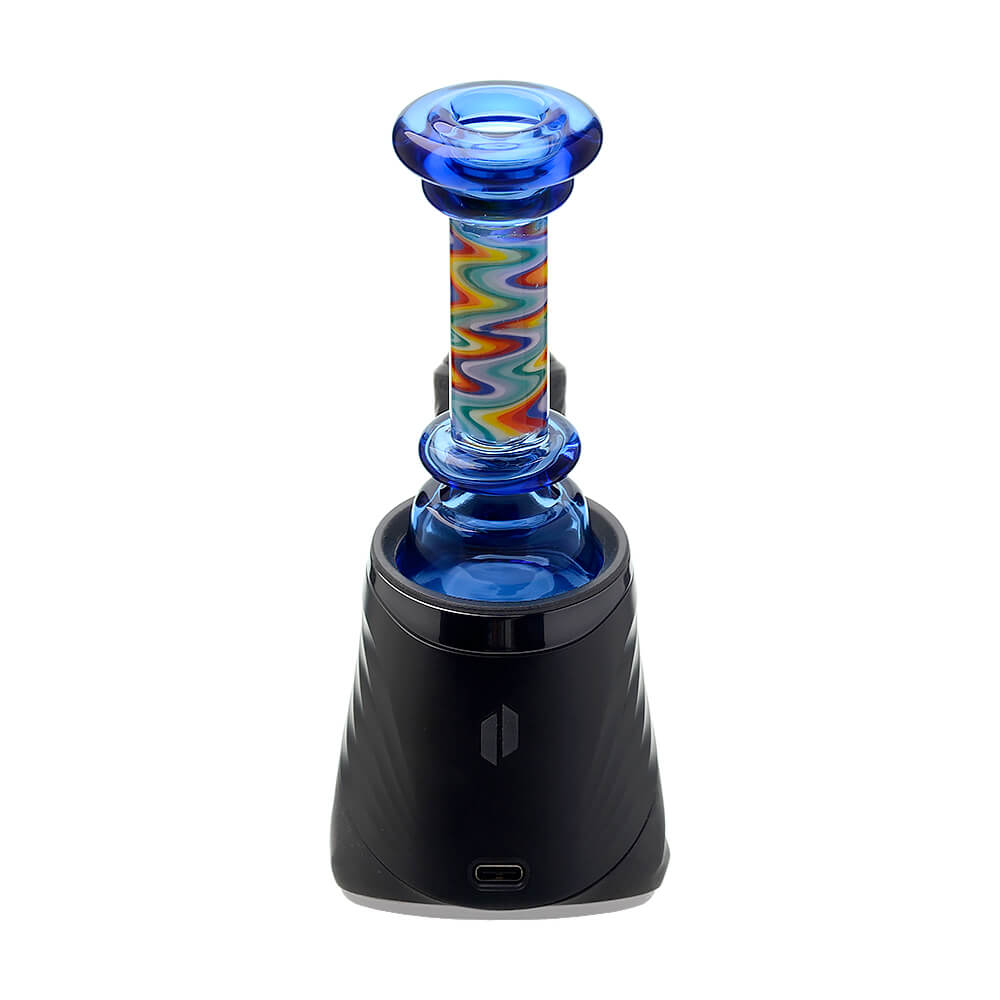 A collection of CaliBear glass attachments for Puffco Peak OG and Pro featuring vibrant wigwag swirl patterns in multiple colors and encased opal accents.