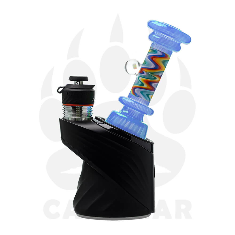 A collection of CaliBear glass attachments for Puffco Peak OG and Pro featuring vibrant wigwag swirl patterns in multiple colors and encased opal accents.